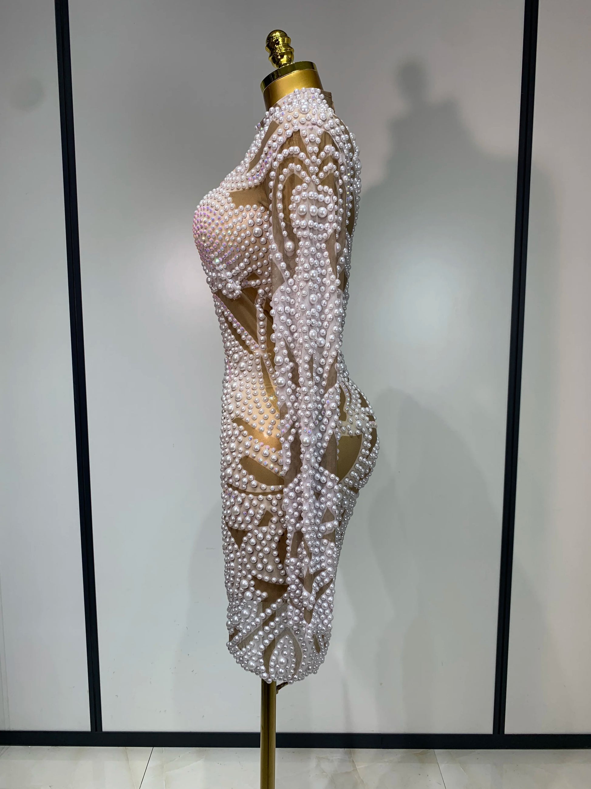 High Quality Women Sexy Rhinestone Pearl Mesh Transparent Dress Birthday Celebrate Dress Evening Party Dance Performance Costume