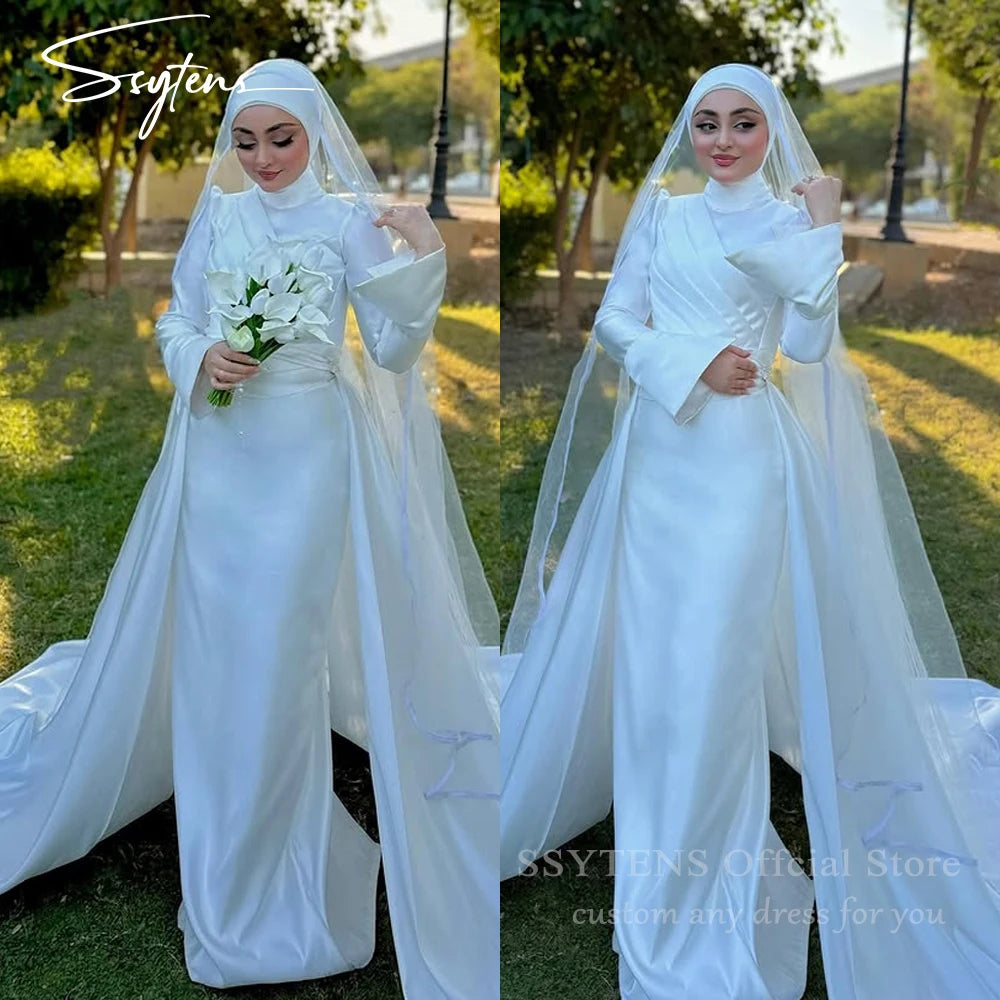 Luxury Muslim Wedding Dresses Mermaid Long Sleeve High Neck Satin Formal Bride Gowns Elegant Vestido De Novia Customized WHITE