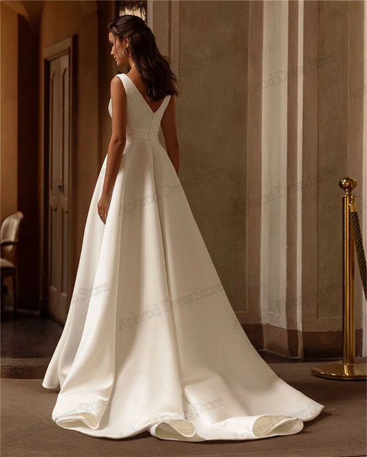 Simple Wedding Dresses A-Line Satin Bridal Gowns Sexy Sleeveless V-Neck Elegant Robes For Formal Party Vestidos De Novia