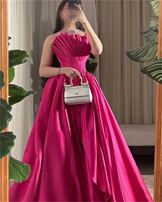 Rose Pink Silk Evening Dress Sexy Strapless A-line Prom Dress Ball Gown Party Dress Sleeveless فساتين مناسبة رسمية