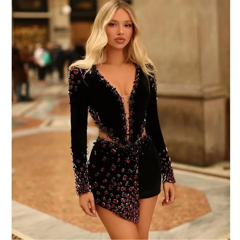 Red Diamonds Beading Sexy Hollow Out Black Mini Bandage Dress Luxury W