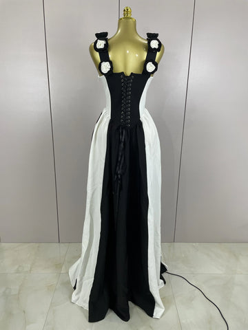 Sexy Black White Flower Stripe High fork Sleeveless Bandage Long Dress Women Vacation Party Elegangt Party Club Dresses