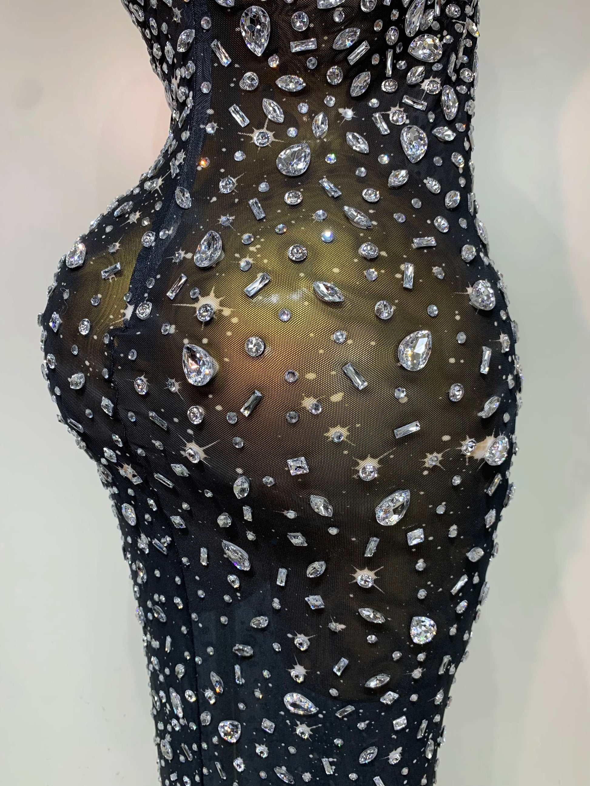 Women Sexy Sleeveless Rhinestone Bodycon Maxi Long Dress Evening Party Birthday Costume Bar Nightclub Stage Performance Clothing