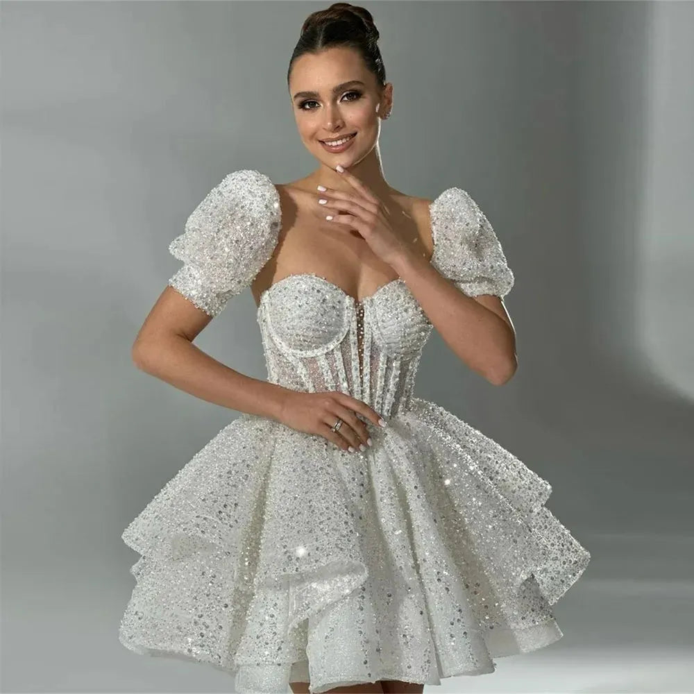 Short Sequined Beadings Wedding Dresses Puff Sleeves Princess Sweethea