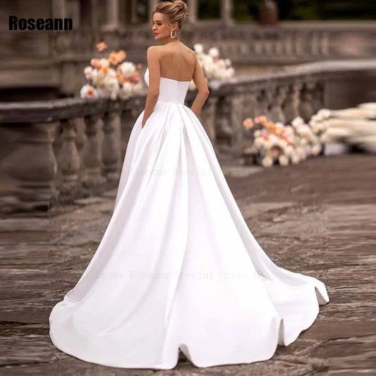 Fashion A-line Wedding Dress Strapless Ivory Sleeveless Front Split Open Back Bride Dresses Floor Length robe de mariée
