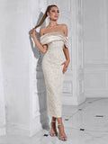 2024 Sexy Women Light Luxury Embossed Design Dress with One Collar Shoulder Bodycon Bareback Patchwork Midi Dress Party Vestidos