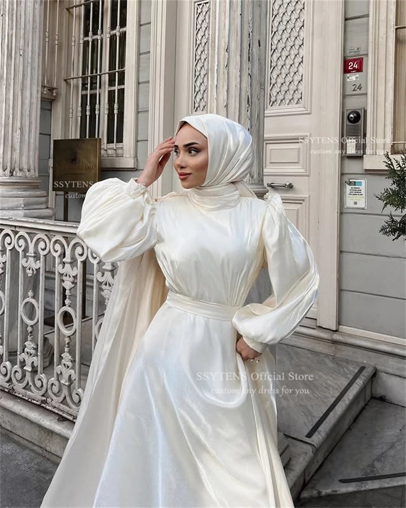 Elegant Muslim Wedding Dresses Long Sleeves Bride Dress with Cape Robe De Mariée Dubai Formal Prom Party Gowns Customized