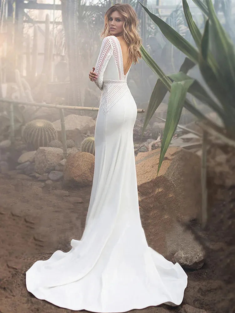 Boho Long Sleeves Floral Lace Deep V Neck Wedding Dress Mermaid vestidos de novia Bridal Gowns robe de mariée As Picture