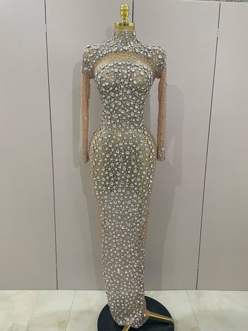 Sparkly Silver Big Rhinestone Sexy Transparent Long Dress Women Evening Birthday Party Celebrate Club Dancer Stage Costume Silver