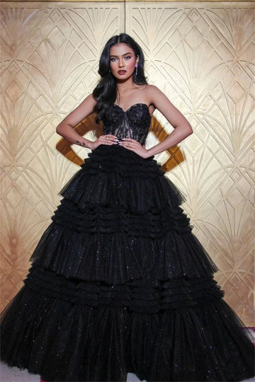 Amanda Black Lace Multilayer Prom Dress Elegant A-line Vestidos De Fiesta Sexy Sleeveless Tulle Shiny Evening Prom Dresses