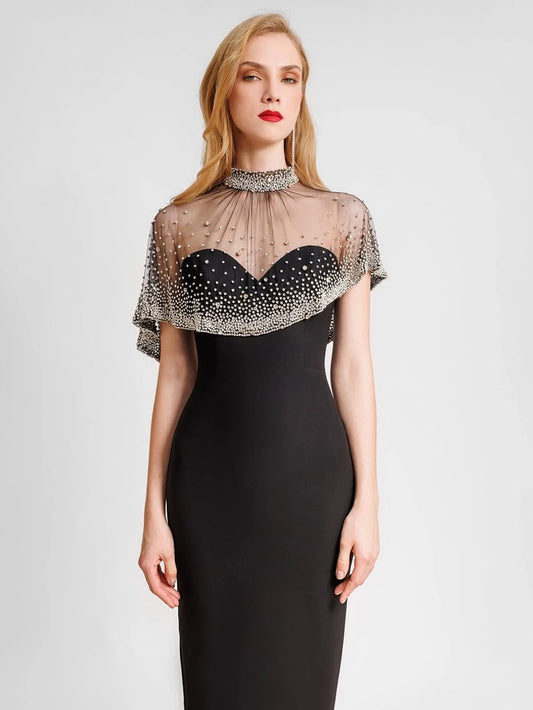 Elegant Celebrity Evening Red Carpet Party Dress With Diamond Cape Shawl, Black Women'S Strapless Tight Bandage Maxi Long Dress