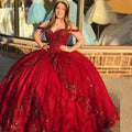 Luxury Shiny Burgundy Quinceanera Dresses Vestidos De 15 Anos Off-Shoulder 3D Flower Applique Formal Princess Gown Burgundy