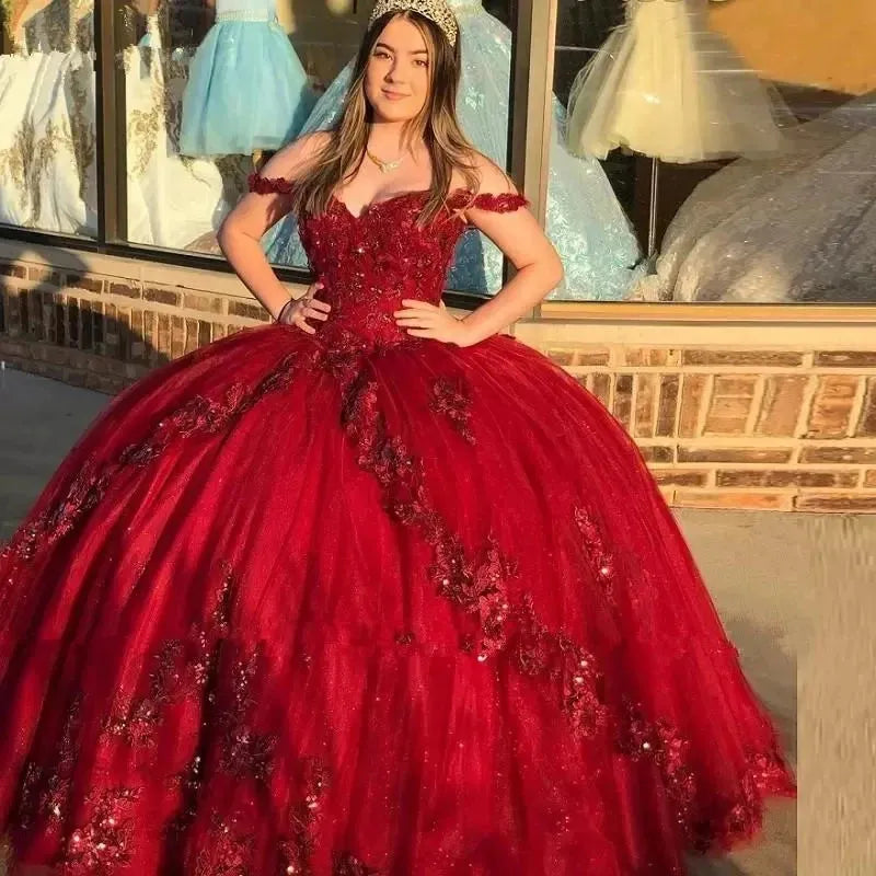 Luxury Shiny Burgundy Quinceanera Dresses Vestidos De 15 Anos Off-Shoulder 3D Flower Applique Formal Princess Gown Burgundy