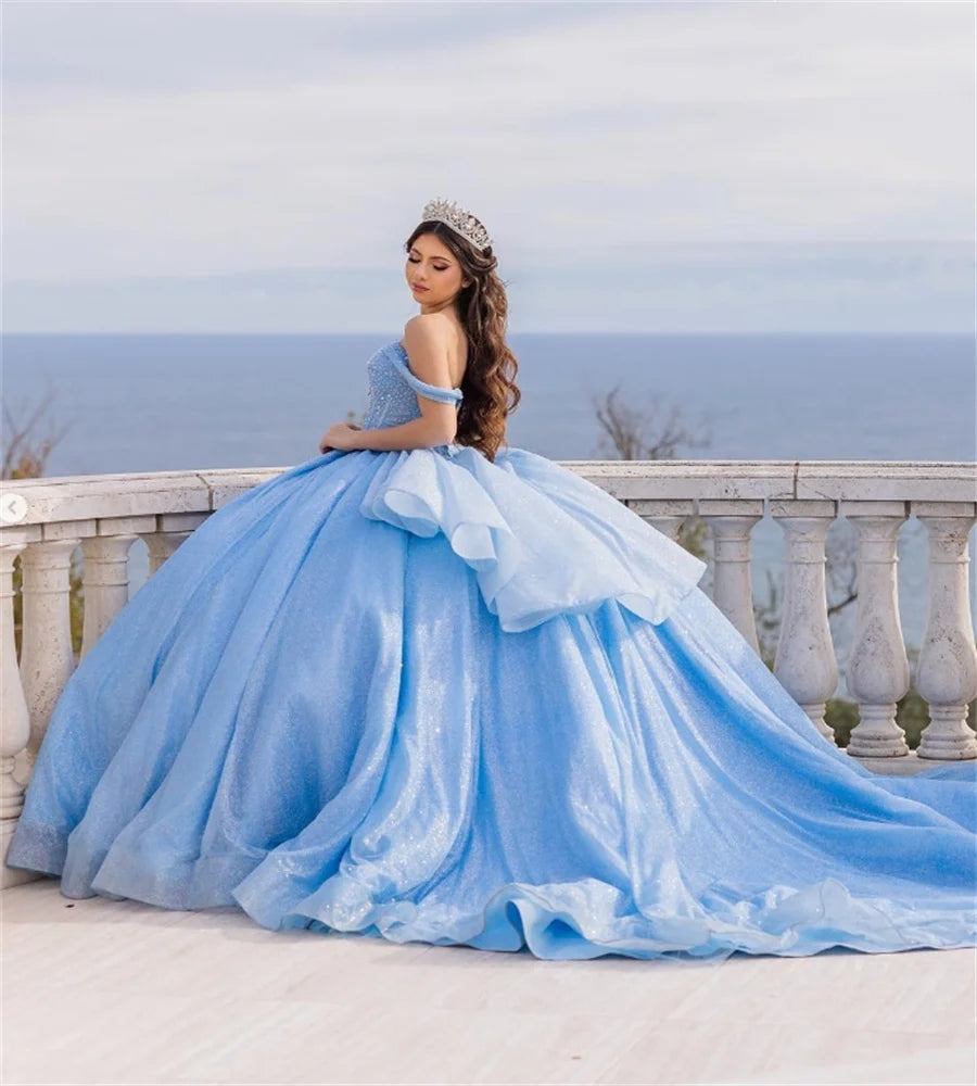 Amazing Blue Quinceanera Dresses Plus Size Off Shoulders Beaded Vestidos 15 Años Quinceañera Shine Pageant Birthday Customized
