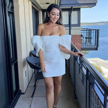 Fall In Love Sexy Short Wedding Dress Sheath Satin Mini Bridal Gown Off-Shoulder Short Sleeves Vestidos De Novia Party Dress As Picture