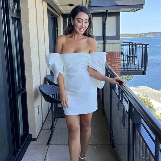 Fall In Love Sexy Short Wedding Dress Sheath Satin Mini Bridal Gown Off-Shoulder Short Sleeves Vestidos De Novia Party Dress As Picture