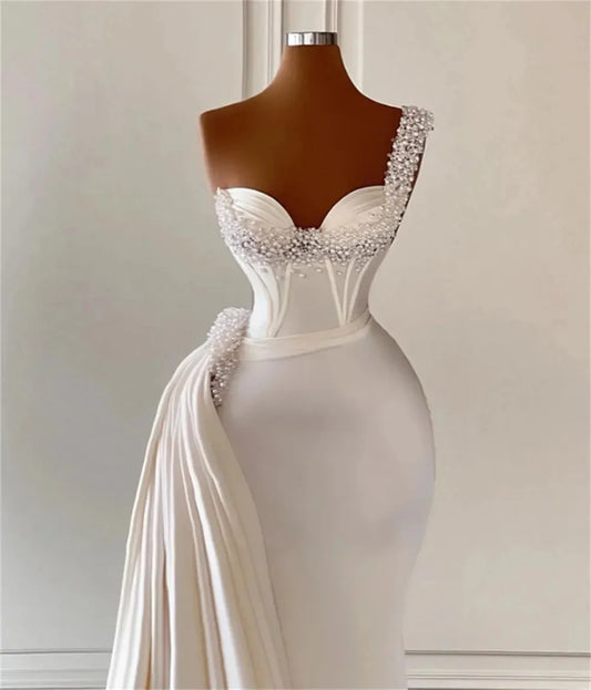 Elegant & Charming Mermaid Wedding Dresses Bridal Gown Pearls Beaded One Shoulder Satin Sweep Train Custom Vestido De Novia