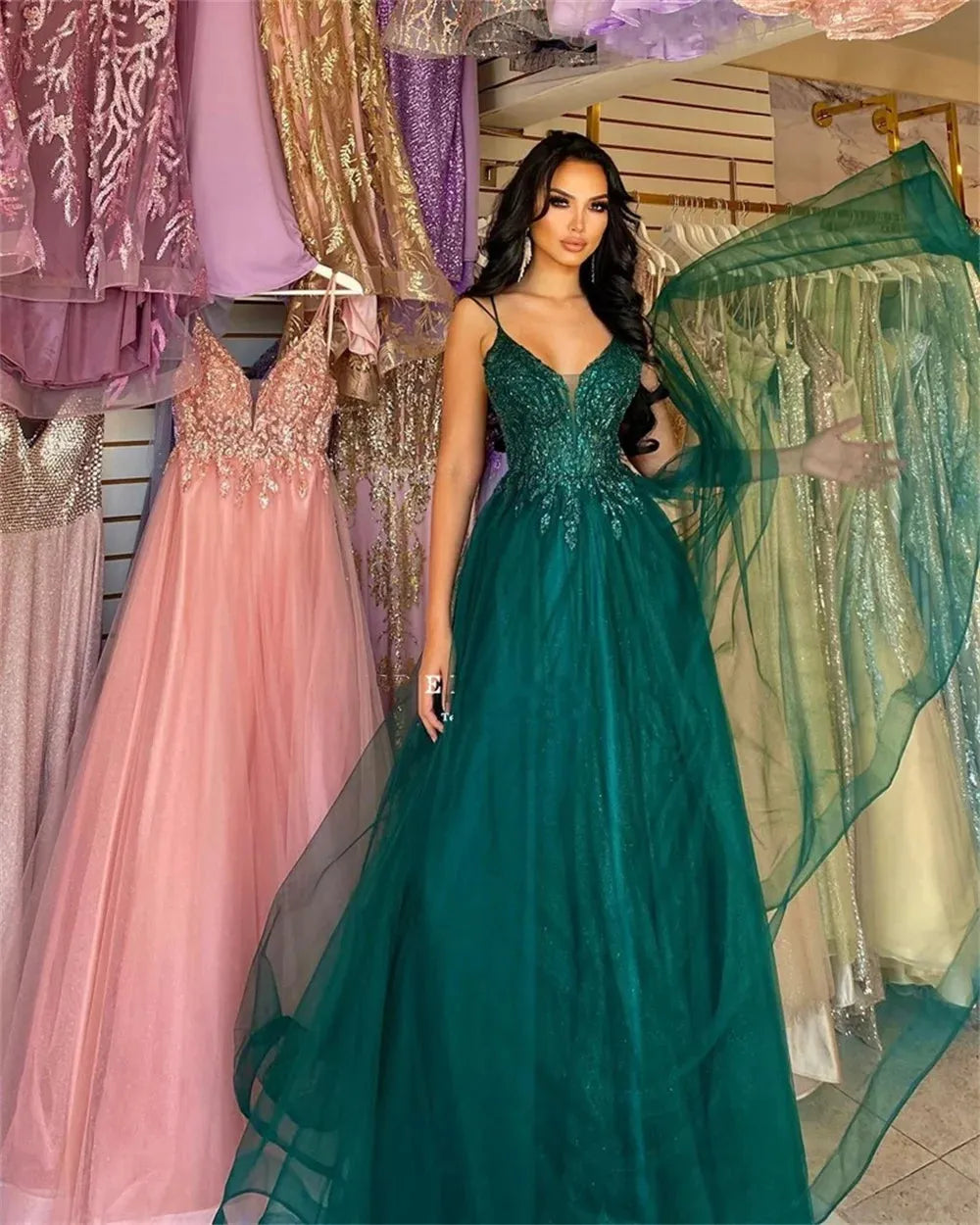 Elegant Blackish Green A-line Prom Dress Elegant Sequins Embroid Vestidos De Noche Luxury