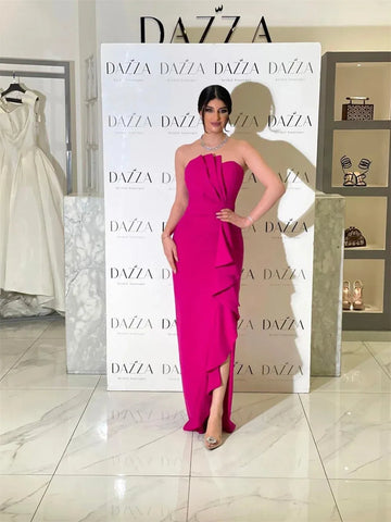 Strapless Mermaid Evening Dress Elegant Taffeta Fishtail Party Dress Elegant Fuchsia Knee Lenght