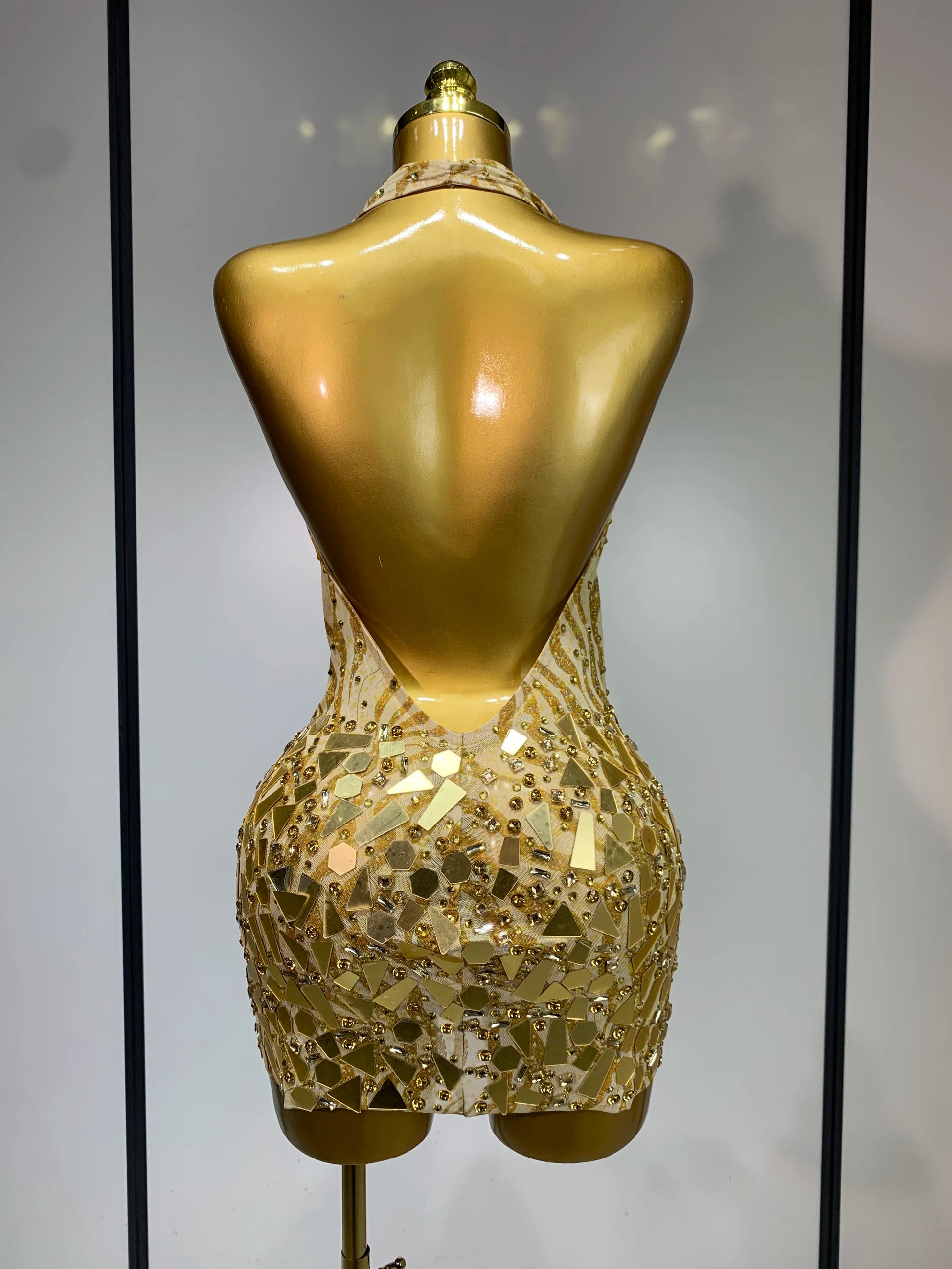 Women Sexy Backless Deep V Neck Mini Gold Dress Celebrity Elegant Evening Prom Dresses Birthday Photo Shoot Nightclub Costume