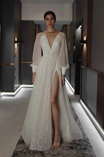 Amanda Sexy Puffy Sleeve Vestido De Novia Bright V-neck Prom Gown Shiny Side Split Prom Dress Flashing Puffy Sleeve