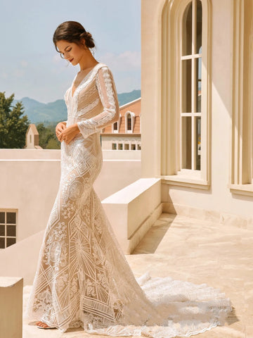Bohemia Exquisite Wedding Dresses V-Neck Sheath Mermaid For Women Elegant Bridal Gowns Lace Appliques Vestidos De Novia White
