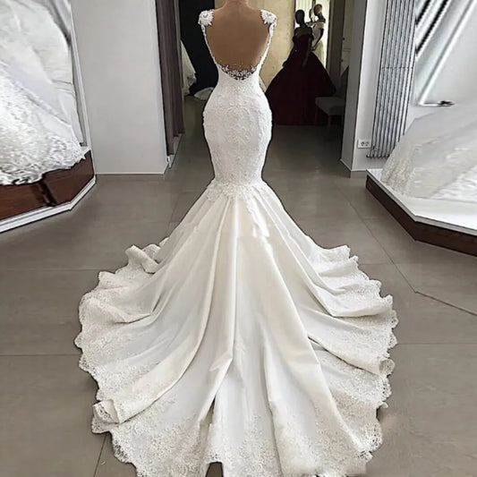 Exquisite Satin Wedding Dresses Appliques Backless Bridal Gowns Mermaid Dress Cap Sleeves Sheath Elegant Robe De Mariée