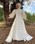 Muslim Wedding Dresses Puff Sleeve Satin Civil Bridal Gowns Customized Bride Dress Muslim robe de mariée Ivory