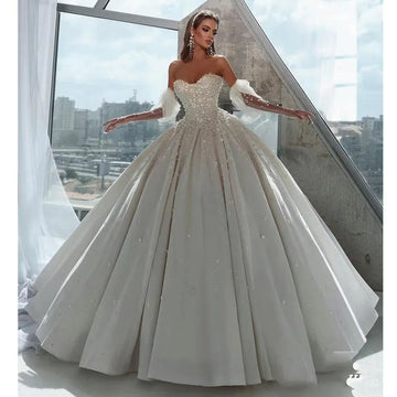 Gorgeous Women's Flash Wedding Dresses Sexy Off Shoulder Satin 3D Decal Handmade Bead String Princess Bridal Gowns Formal Party Champagne