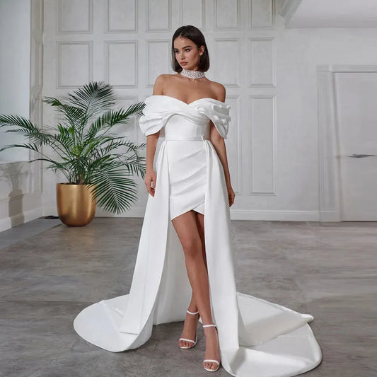 Elegant Off the Shoulder Short Wedding Dresses Sleeveless Mermaid Bridal Gowns Detachable Sweep Train Vestidos De Novia Black