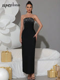 2025 Sexy Women'S Light Luxury Rhinestone Bandage Dress Strapless Sleeveless Bodycon Backless Black Long Dresses Party Vestidos