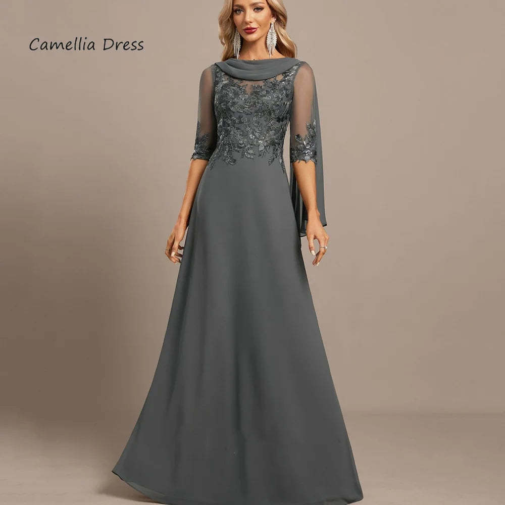 Customized Elegant Chiffon Vintage Dress Formal Occasion Half Sleeves Lace A Line Wedding Party Gowns Mother Dresses For Bride