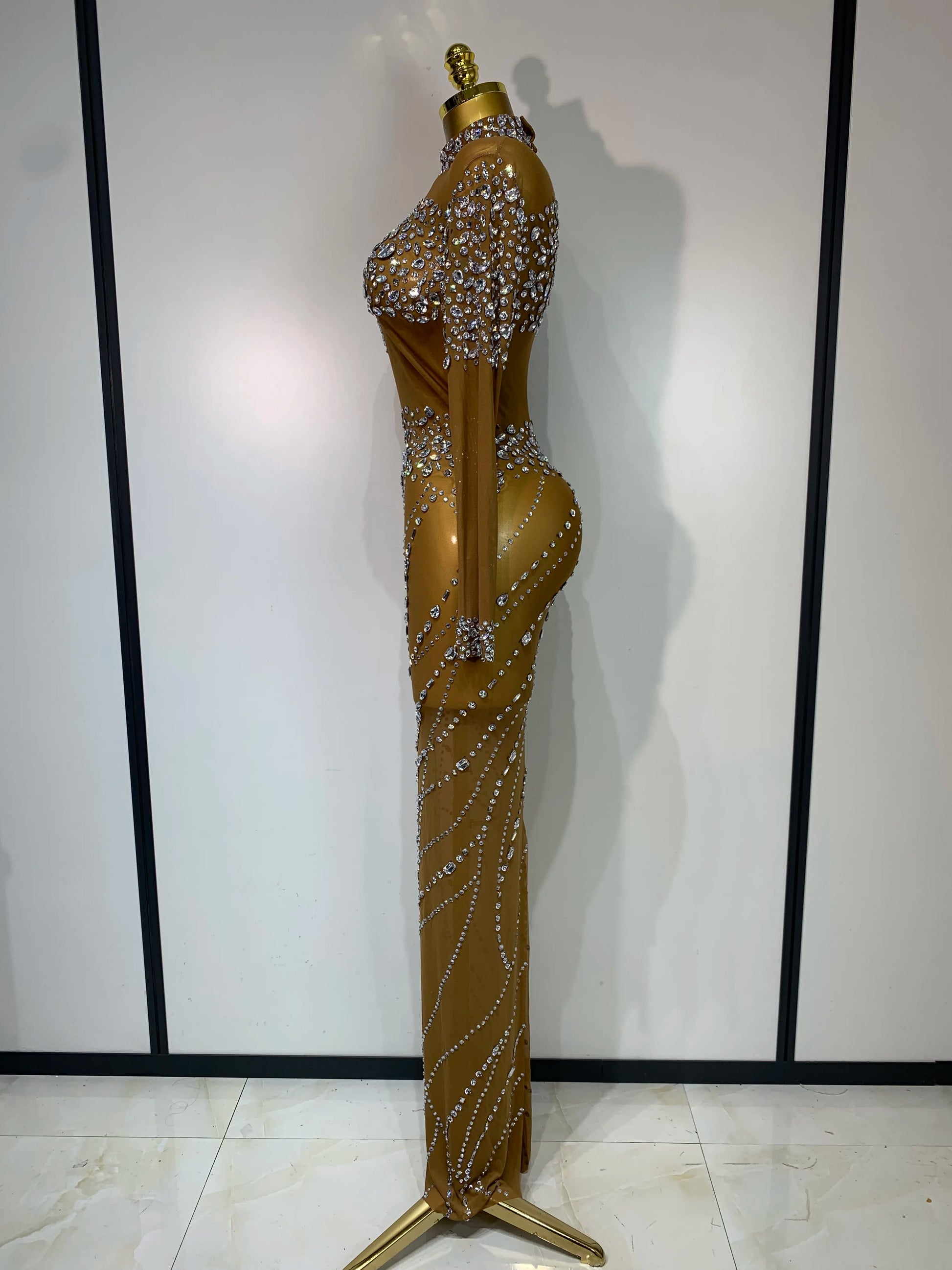 Sparkly Rhinestone Mesh Transparent Brown Long Dress Evening Party Luxury Birthday Celebrate Costume Nightclub Dancer Outfit