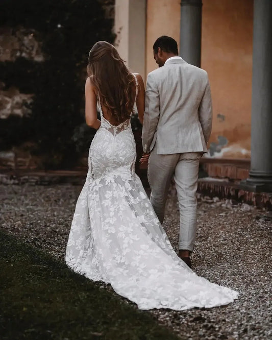 Sexy Wedding Dress Floral Lace Tulle Mermaid Staphetti Strap Backless Appliques Open Back Glitter Bride Gowns