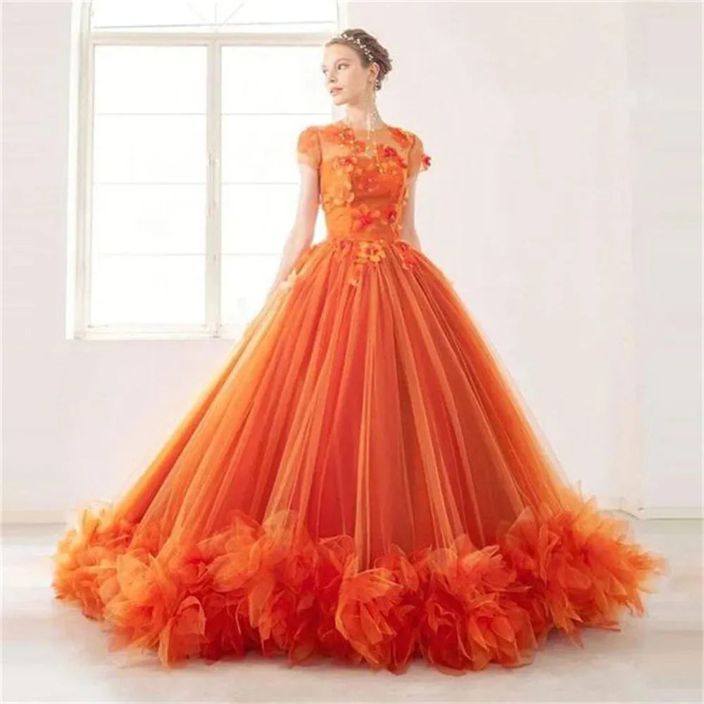 Amanda Princess Orange Ball Gown Evening Dress O-neck 3D Flower Prom Dress Edge Curl Party Dress Sweet