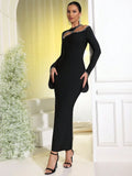 2025 Sexy Women's Light Luxury Hot Diamond Hollow Design Bandage Dress O-Neck Long Sleeve Bodycon Long Dress Club Party Vestidos