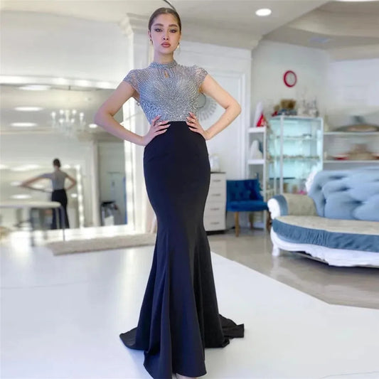 Modest Glitter Sequin Evening Dresses Mermaid O-Neck Cap Sleeves Prom Dresses Pleat Floor Length Vestidos De Gala