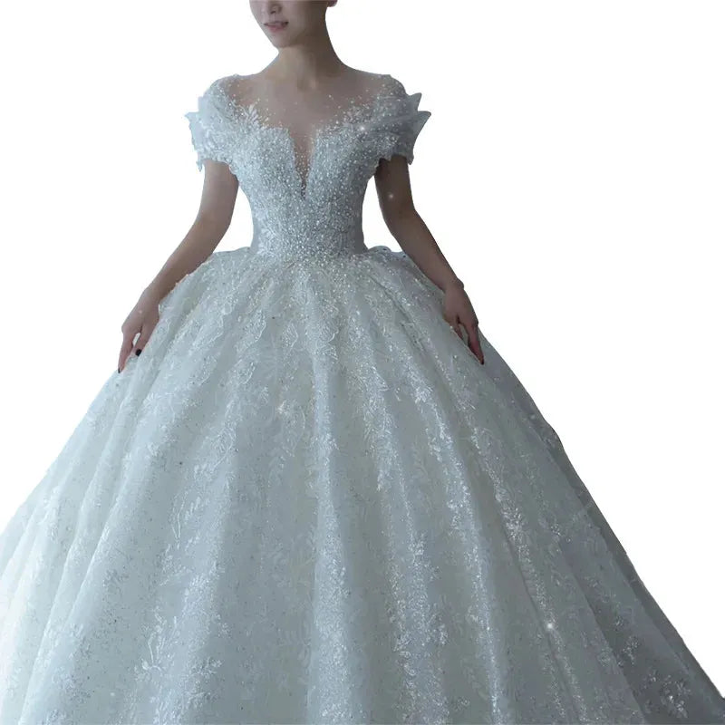 Princess Sexy Luxury Crystal Beaded Wedding Dress Puff Tulle White Wedding Gown Simple Bride Dress Women Off White Floor