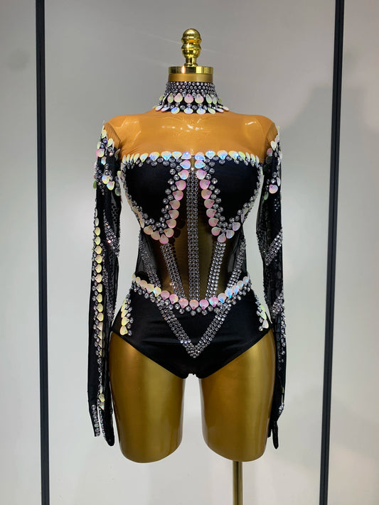 Women Sexy Sparkly Rhinestone Bodysuit Evening Party Dance Show Birthday Nightclub Halloween Costume Stage Performance Outfit black