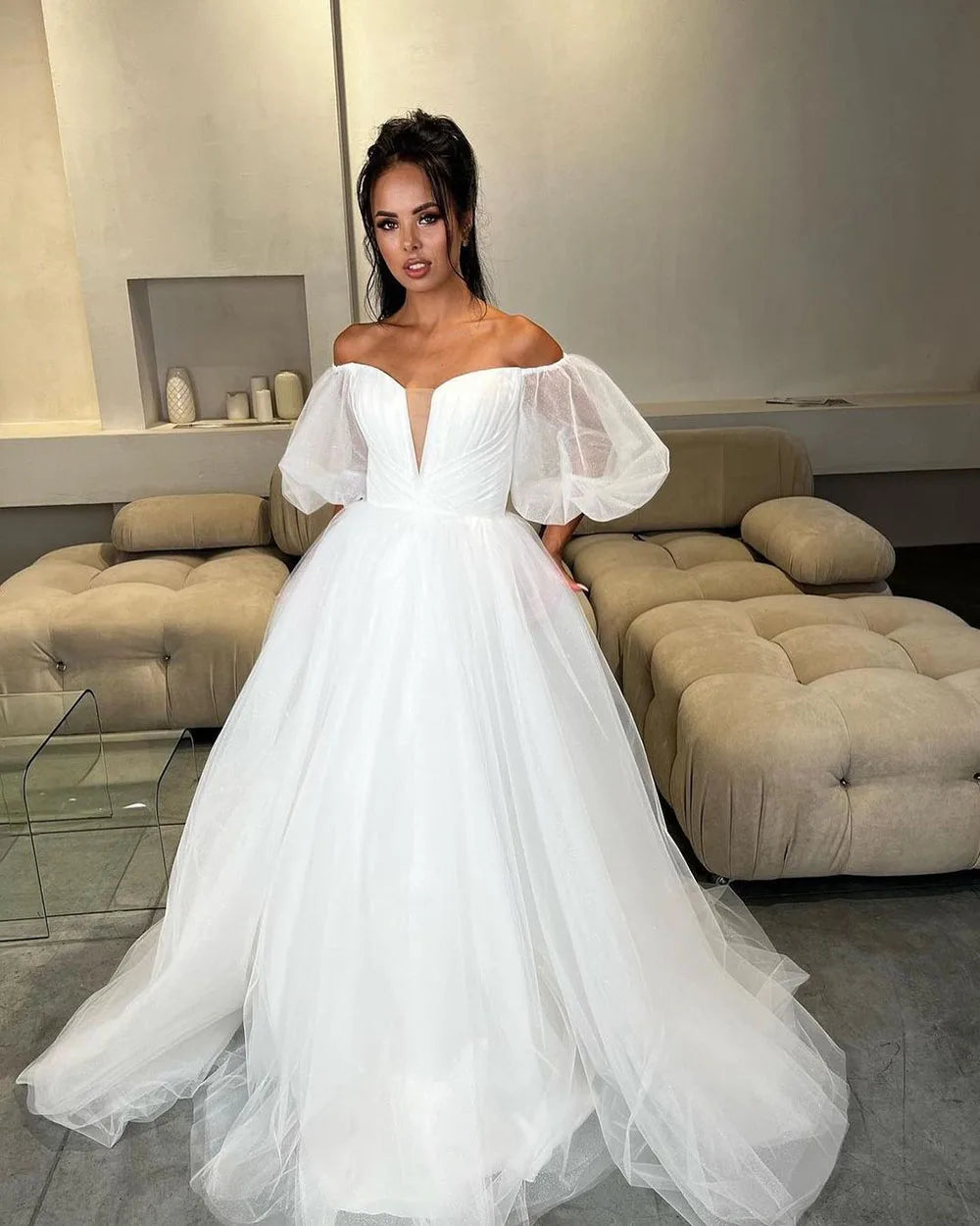 Msikoods Elegant Tulle Wedding Dresse Glitter Deep V-Neck Puff Sleeves Bridal Gowns Princess Vestido de Novia Bride Dress