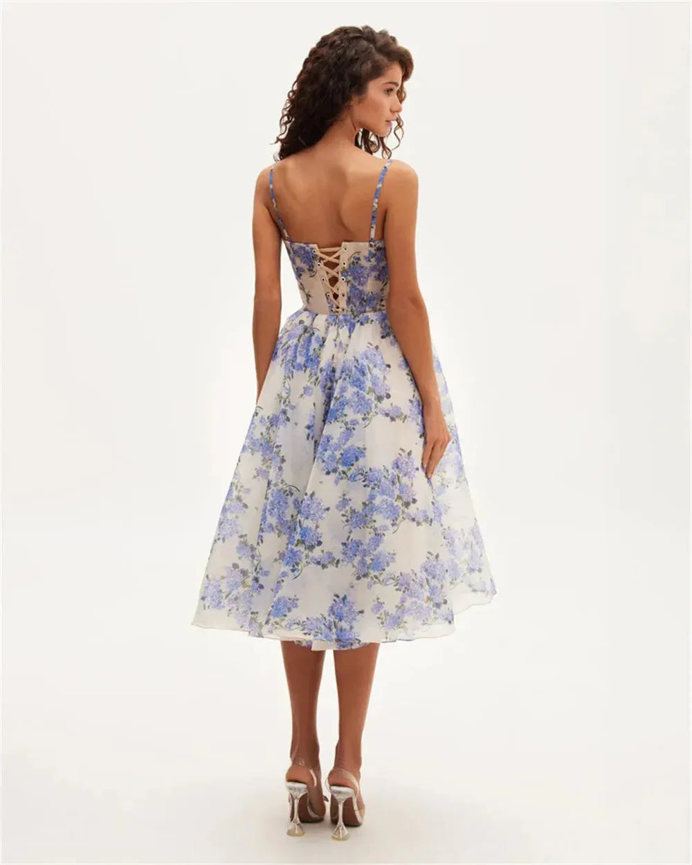 Spaghetti Strap Midi Dress Sweet Knee Lenght Vestidos De Noche Blue Printing Short Lenght Prom Dresses