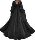 Long Puff Sleeves Prom Dresses V-Neck Pleats Chiffon Princess Evening Gowns Women Party Dress Plus Size Black
