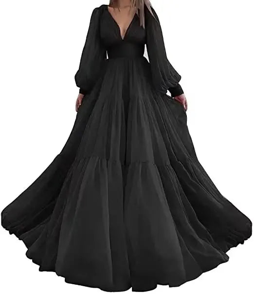 Long Puff Sleeves Prom Dresses V-Neck Pleats Chiffon Princess Evening Gowns Women Party Dress Plus Size Black