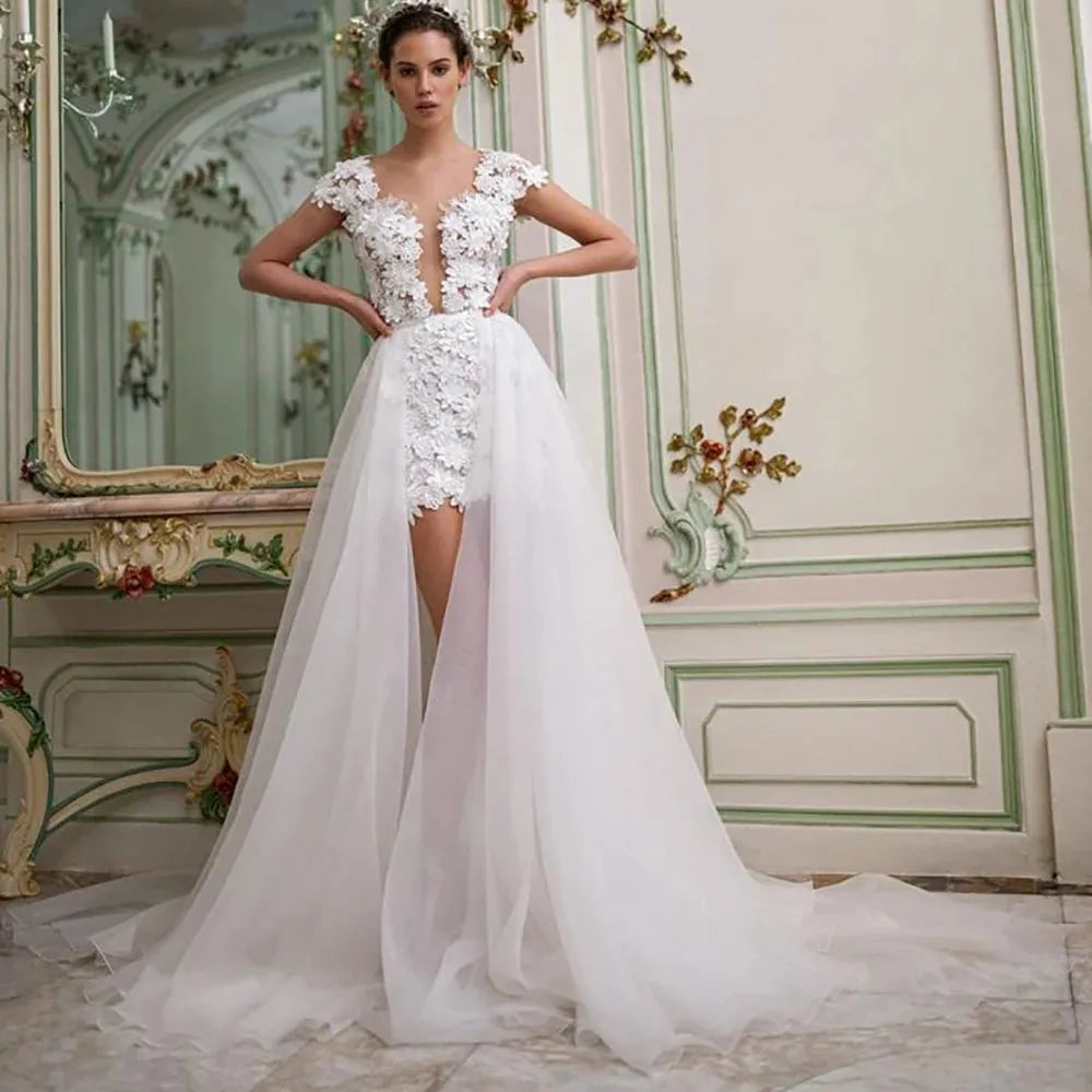3D Flowers Lace Detachable Train Mini Short Wedding Dress V Neck Backless Cap Sleeves High Low Bridal Gown Above Knee Ivory