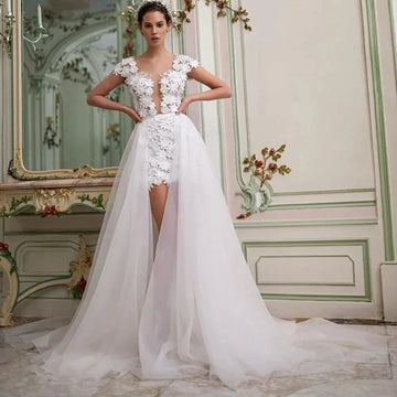 3D Flowers Lace Detachable Train Mini Short Wedding Dress V Neck Backless Cap Sleeves High Low Bridal Gown Above Knee Ivory
