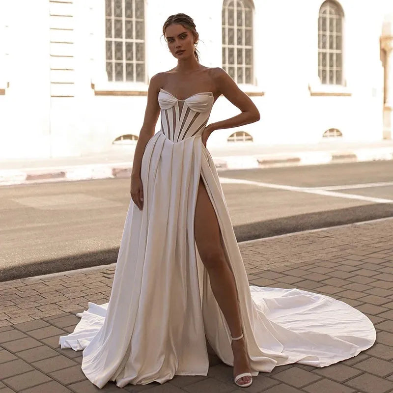 White A-Line Wedding Dresses Sweetheart Side Slit Wedding Gowns Boho Bridal Prom Dress bestidos de novia Customsized