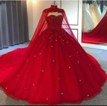 Luxury Quinceanera Dresses With Cape Beading Crystals Vestidos De 15 Anos Princess Birthday Party Ball Gown Corset Red