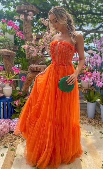 Orange Strapless A-line Fishbone Lace Embroid Prom Dress Multilayer Vestidos De Noche Elegant Party Dress