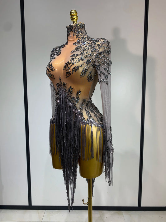 Women Sexy Long Sleeve Diamond Tassel Dress Nightclub Performance Stage Costume Celebrity Evening Party Luxury Birthday Dress