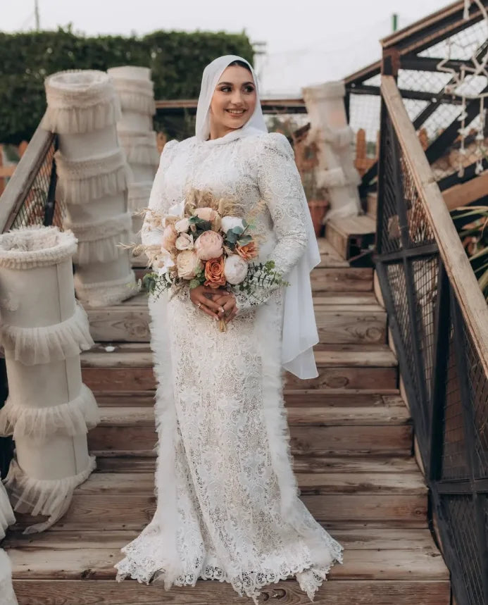 Mermaid Muslim Caftan Boho Wedding Dresses Crochet Lace Ruched Long Sleeve Middle East Hijab Bridal Gown Garment Customsized WHITE